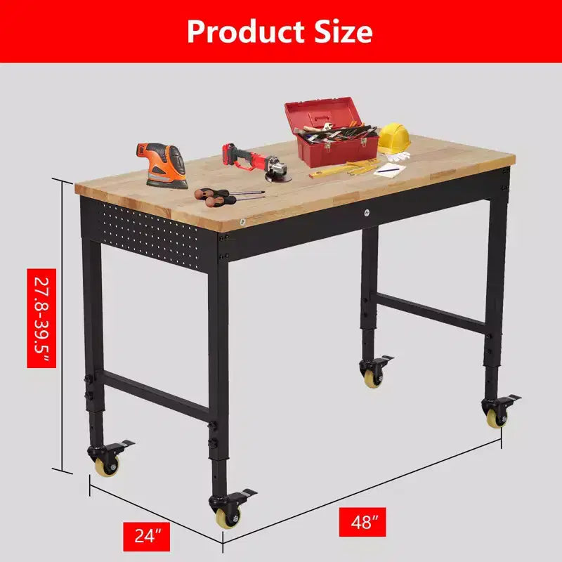 CuisinSmart Établi roulant réglable 48''x24'', établi robuste avec prises de courant, lumières, tiroir de rangement, panneau perforé, 30 crochets