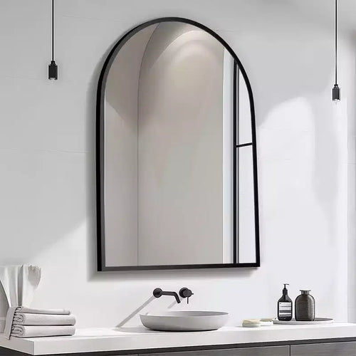 Lot de 2 miroirs muraux à suspendre en alliage d'aluminium noir, avec bord fin et angle droit, en forme d'arche, 79 cm H x 61 cm l