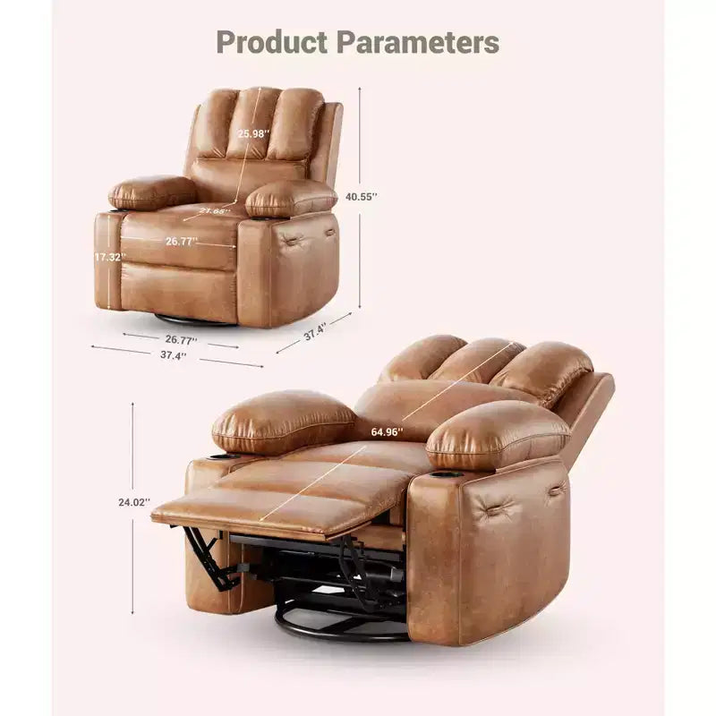 Fauteuil inclinable en cuir de 27 pouces surdimensionné, fauteuil inclinable manuel surrembourré, avec porte-gobelet et poches latérales, pour salons, poids maximum 181 kg