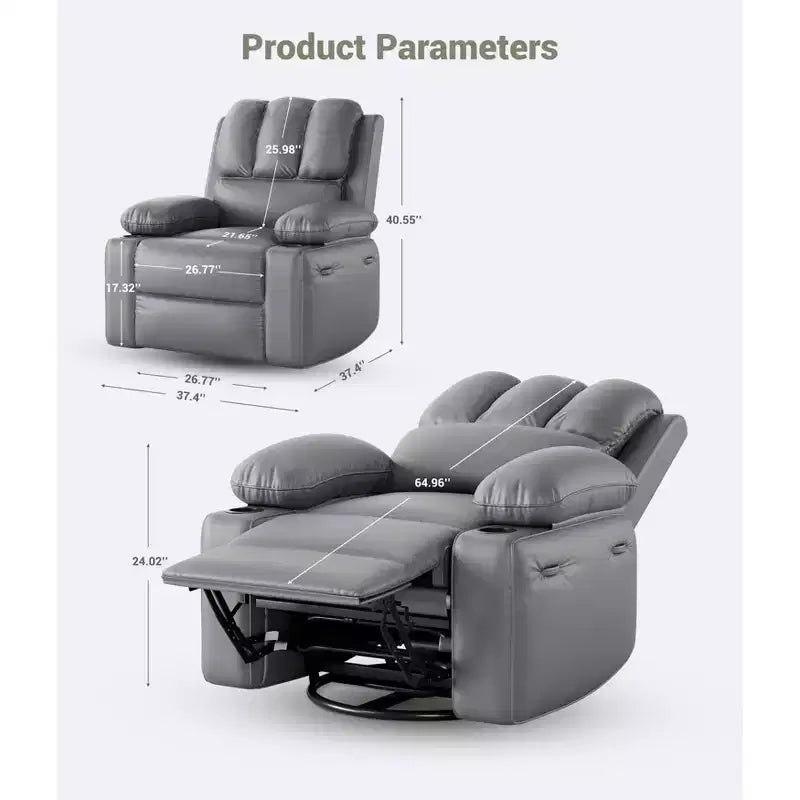 Fauteuil inclinable en cuir de 27 pouces surdimensionné, fauteuil inclinable manuel surrembourré, avec porte-gobelet et poches latérales, pour salons, poids maximum 181 kg