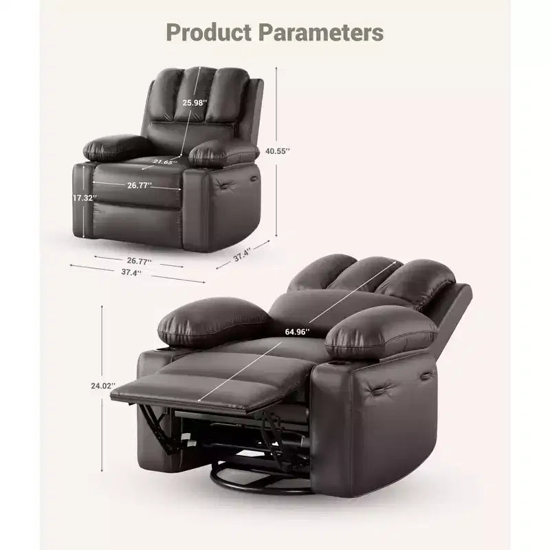 Fauteuil inclinable en cuir de 27 pouces surdimensionné, fauteuil inclinable manuel surrembourré, avec porte-gobelet et poches latérales, pour salons, poids maximum 181 kg