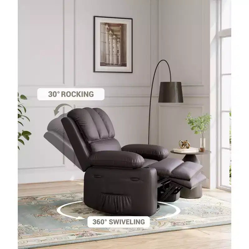 Fauteuil inclinable en cuir de 27 pouces surdimensionné, fauteuil inclinable manuel surrembourré, avec porte-gobelet et poches latérales, pour salons, poids maximum 181 kg