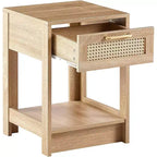 Table de chevet en rotin Acekool avec plateau relevable et rangement ouvert, table d'appoint moderne du milieu du siècle avec poignée rétro pour chambre et salon