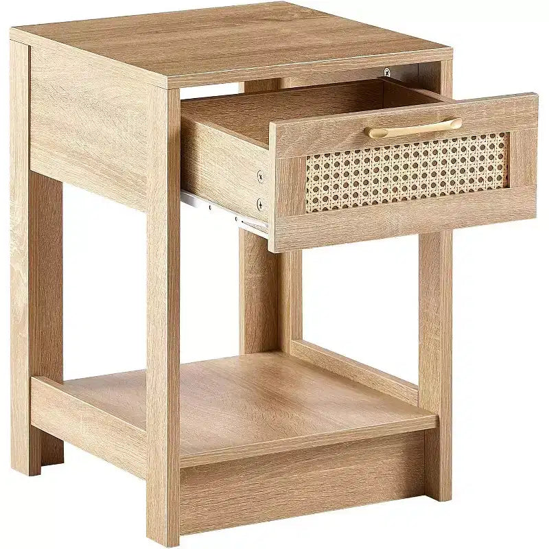 Table de chevet en rotin Acekool avec plateau relevable et rangement ouvert, table d'appoint moderne du milieu du siècle avec poignée rétro pour chambre et salon