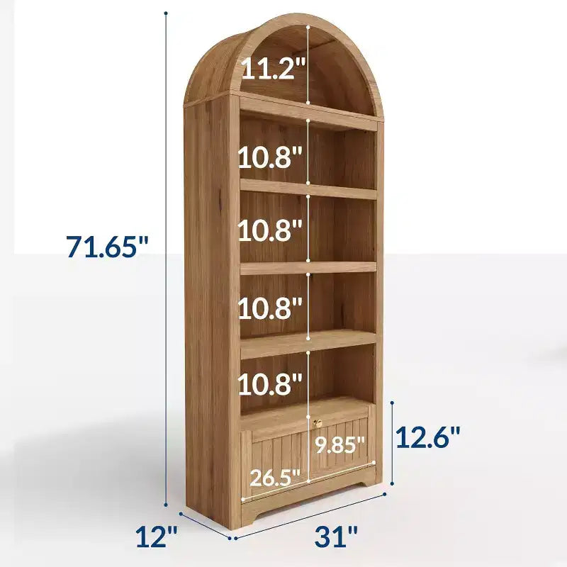 Acekool Meuble de rangement en bois arqué de 183 cm, buffet de cuisine et bibliothèque à 5 niveaux avec portes et étagères, noyer, pour salon, cuisine, bureau