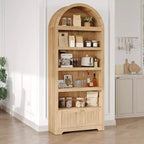 Acekool Meuble de rangement en bois arqué de 183 cm, buffet de cuisine et bibliothèque à 5 niveaux avec portes et étagères, noyer, pour salon, cuisine, bureau