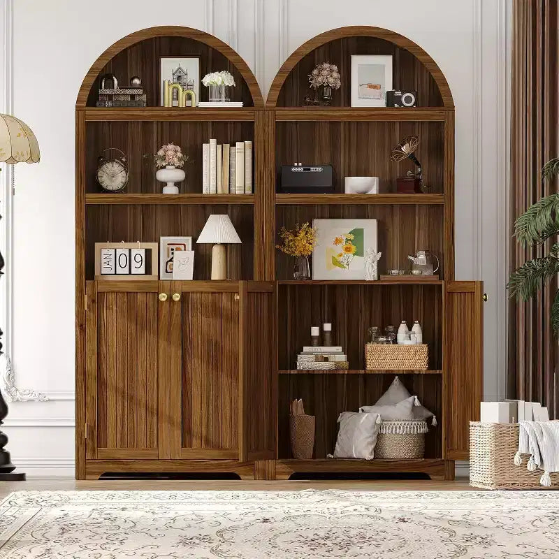 Acekool Meuble de rangement en bois arqué de 183 cm, buffet de cuisine et bibliothèque à 5 niveaux avec portes et étagères, noyer, pour salon, cuisine, bureau