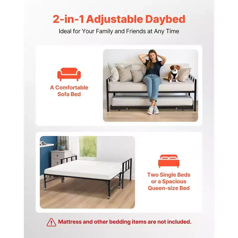 Cadre de lit de repos VEVOR taille double, lit de repos avec lit gigogne, cadre de lit plateforme en métal robuste, lit de repos double avec support à lattes métalliques, noir