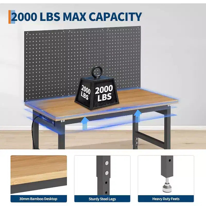 Acekool Établi réglable 48 pouces avec panneau perforé - Capacité de 907 kg, table de garage réglable en hauteur de 71 à 102 cm pour atelier et bricolage à domicile