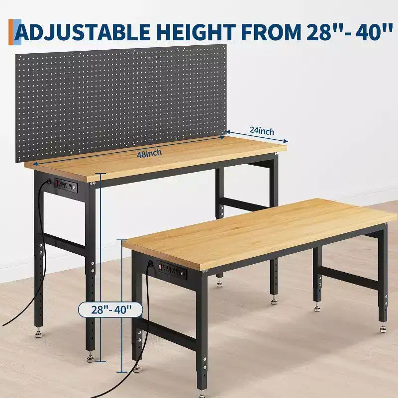 Acekool Établi réglable 48 pouces avec panneau perforé - Capacité de 907 kg, table de garage réglable en hauteur de 71 à 102 cm pour atelier et bricolage à domicile