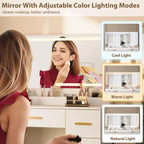 Coiffeuse avec miroir lumineux - Bureau de maquillage avec prise de courant, 3 modes d'éclairage avec luminosité réglable, table de 117 cm avec tabouret rembourré doux pour chambre à coucher