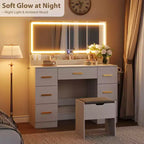 Coiffeuse avec miroir lumineux - Bureau de maquillage avec prise de courant, 3 modes d'éclairage avec luminosité réglable, table de 117 cm avec tabouret rembourré doux pour chambre à coucher