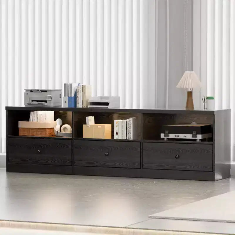 Meuble TV TROPOW pour téléviseurs jusqu'à 80 pouces, table console média avec 3 tiroirs et 3 étagères ouvertes, meuble TV pour salon et chambre, noir