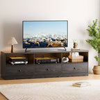 Meuble TV TROPOW pour téléviseurs jusqu'à 80 pouces, table console média avec 3 tiroirs et 3 étagères ouvertes, meuble TV pour salon et chambre, noir