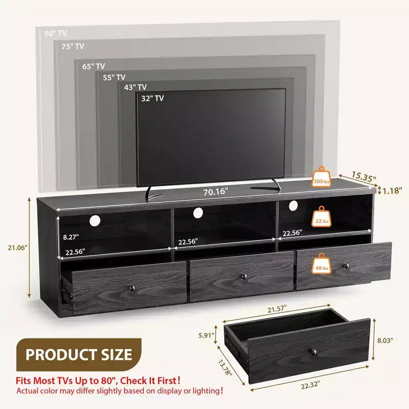 Meuble TV TROPOW pour téléviseurs jusqu'à 80 pouces, table console média avec 3 tiroirs et 3 étagères ouvertes, meuble TV pour salon et chambre, noir
