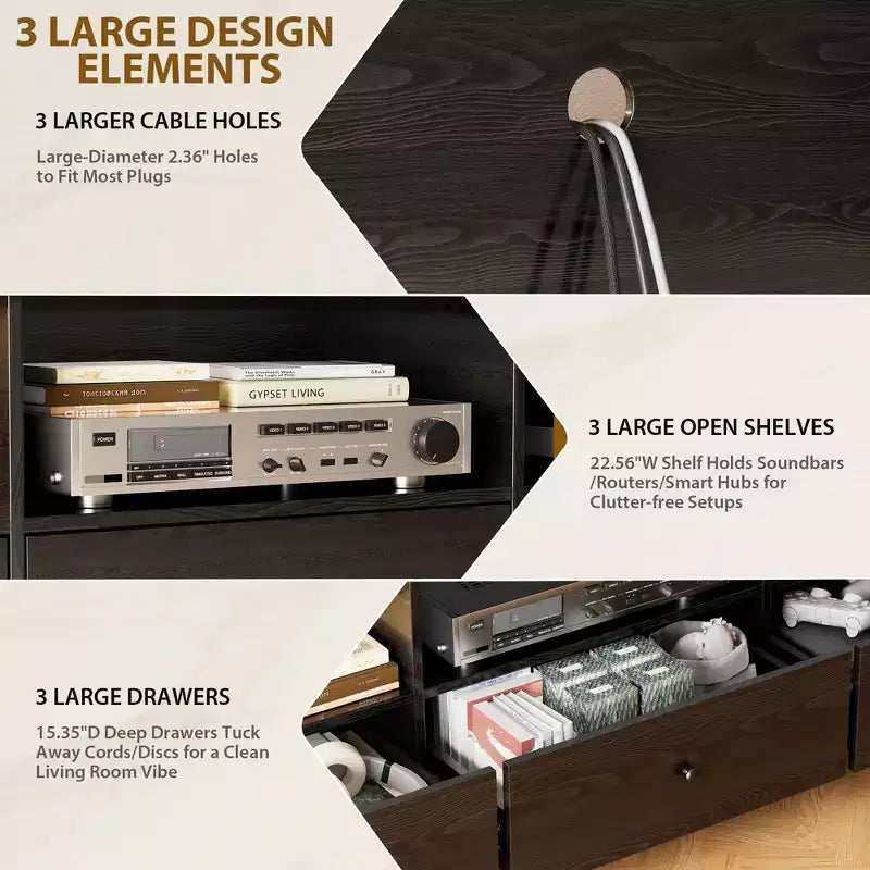 Meuble TV TROPOW pour téléviseurs jusqu'à 80 pouces, table console média avec 3 tiroirs et 3 étagères ouvertes, meuble TV pour salon et chambre, noir