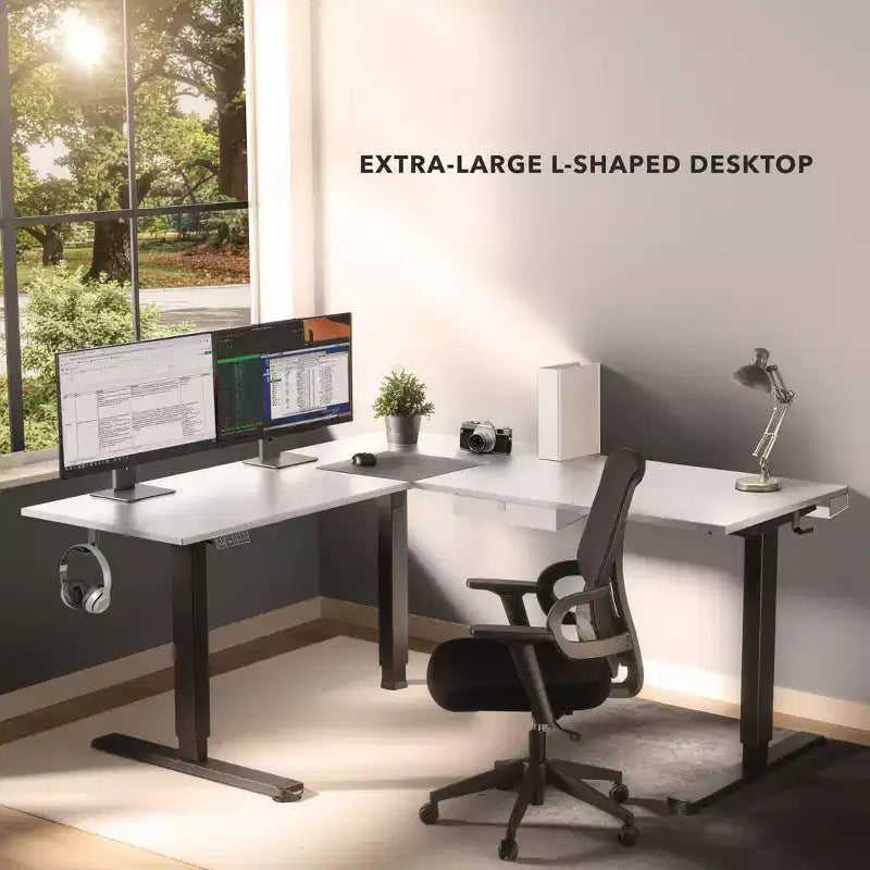 Mount-It! Bureau d'angle électrique réglable en hauteur XL, cadre noir et plateau blanc