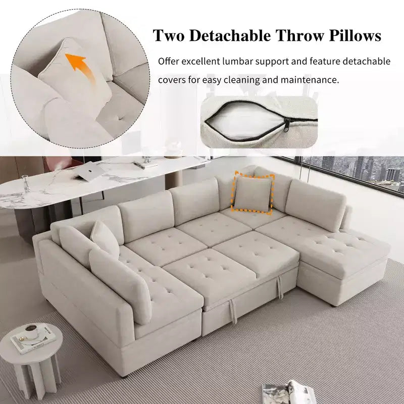 CLIHOME 117.3 Canapé d'angle surdimensionné en U avec canapé-lit escamotable et deux coussins pour le salon