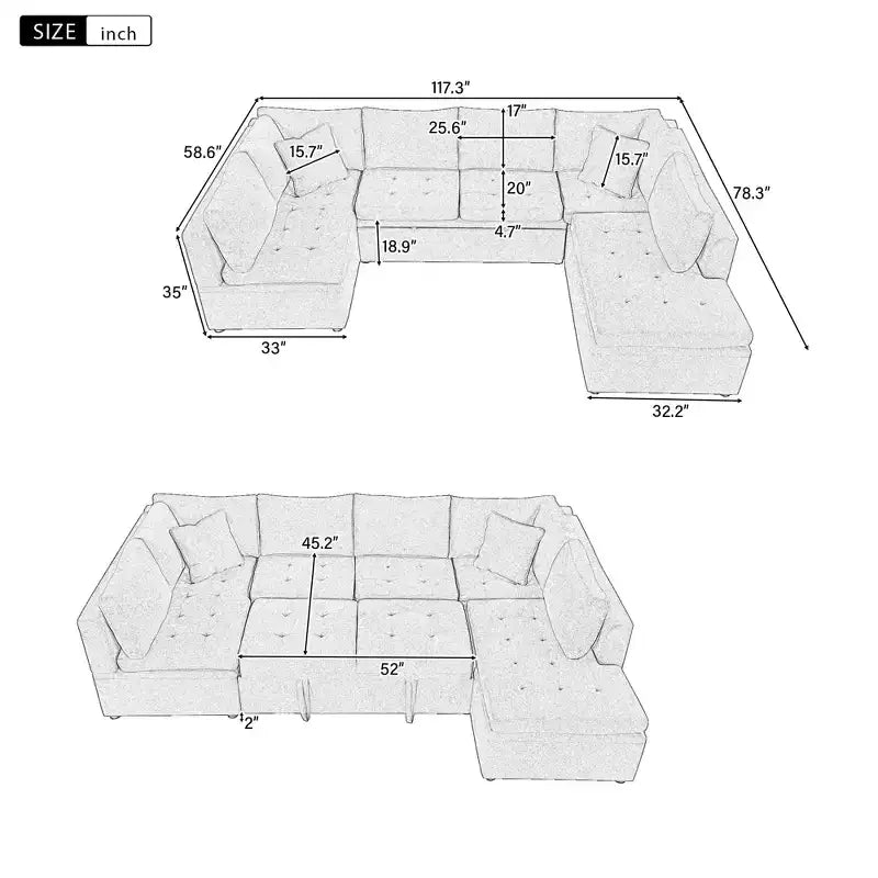 CLIHOME 117.3 Canapé d'angle surdimensionné en U avec canapé-lit escamotable et deux coussins pour le salon