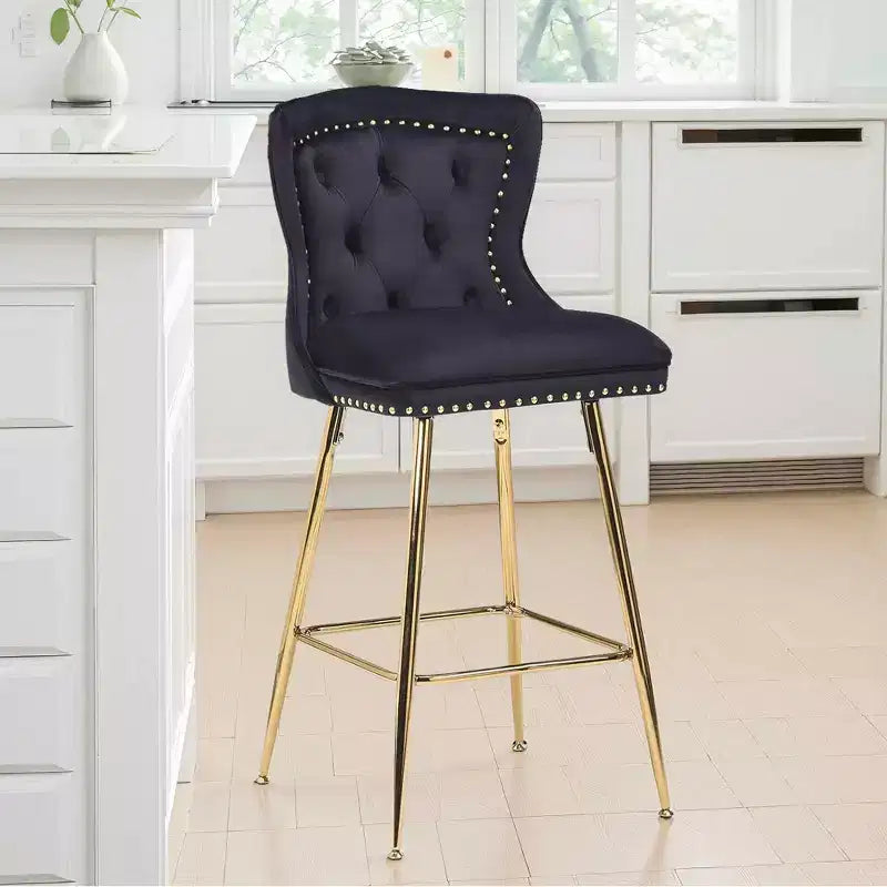 MAYEERTY Set of 2 Black Velvet Bar Stools, Button-Tufted Wing-Back Metal Legs for Kitchen Island
