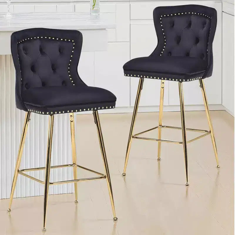 MAYEERTY Lot de 2 tabourets de bar en velours noir, dossier capitonné avec accoudoirs, pieds en métal pour îlot de cuisine
