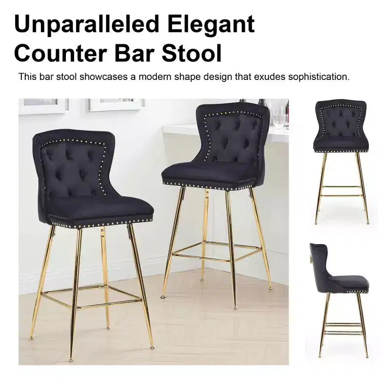 MAYEERTY Lot de 2 tabourets de bar en velours noir, dossier capitonné avec accoudoirs, pieds en métal pour îlot de cuisine