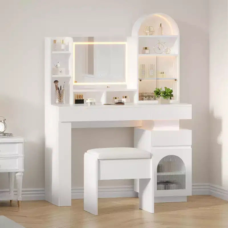 Coiffeuse avec miroir et lumières, table de maquillage avec 3 tiroirs et 11 étagères de rangement