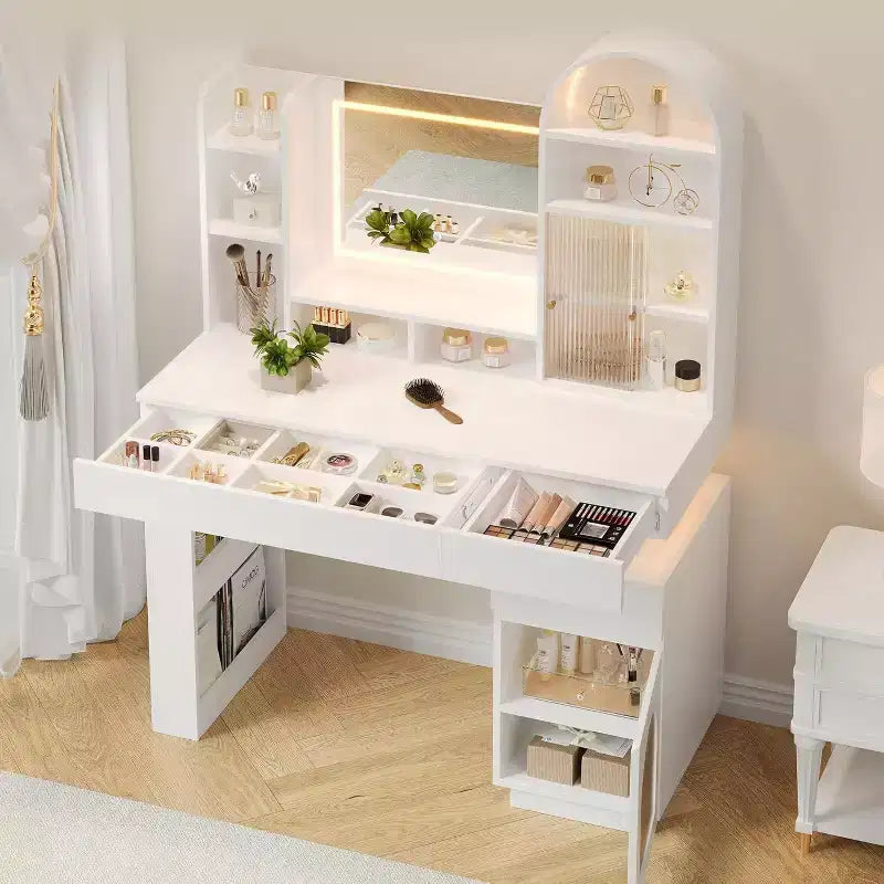 Coiffeuse avec miroir et lumières, table de maquillage avec 3 tiroirs et 11 étagères de rangement