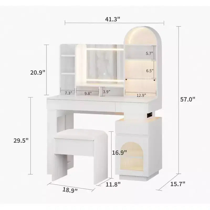 Coiffeuse avec miroir et lumières, table de maquillage avec 3 tiroirs et 11 étagères de rangement