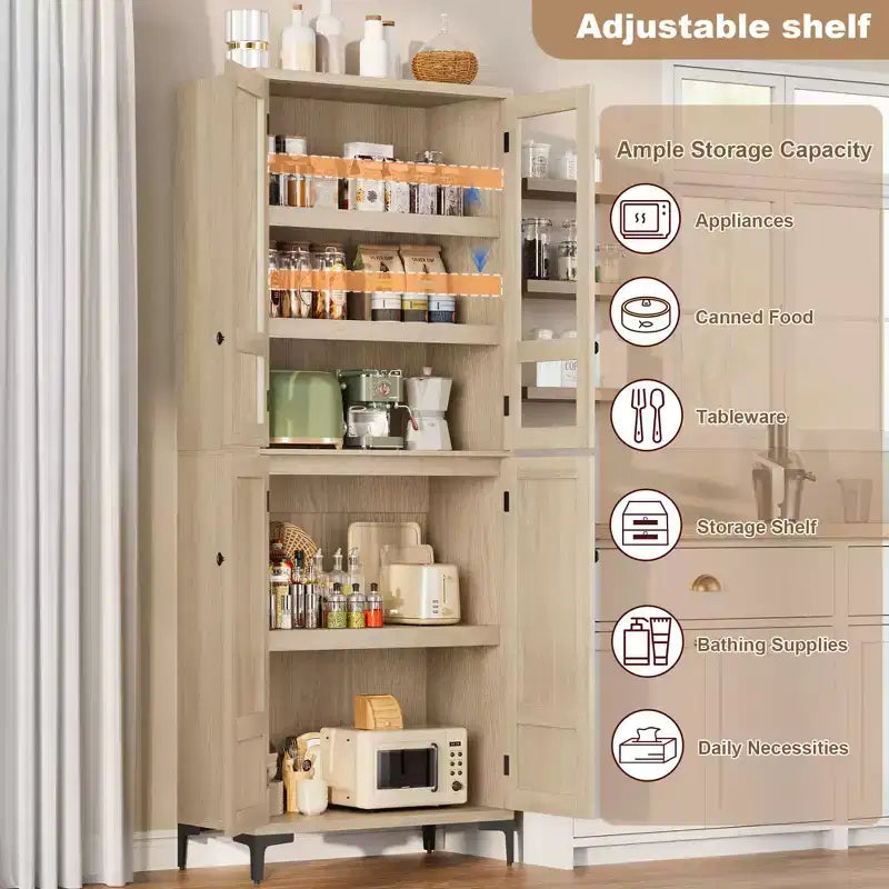 Meuble de rangement haut de 71 po avec portes, étagère réglable, organisateur polyvalent pour garde-manger de cuisine et armoire de salle de bain