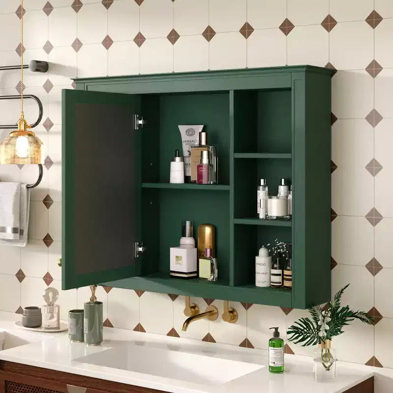 Okak Meuble de salle de bain mural moderne avec miroir et 6 étagères ouvertes, armoire à pharmacie avec miroir pour salle de bain