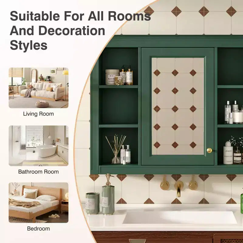 Okak Meuble de salle de bain mural moderne avec miroir et 6 étagères ouvertes, armoire à pharmacie avec miroir pour salle de bain