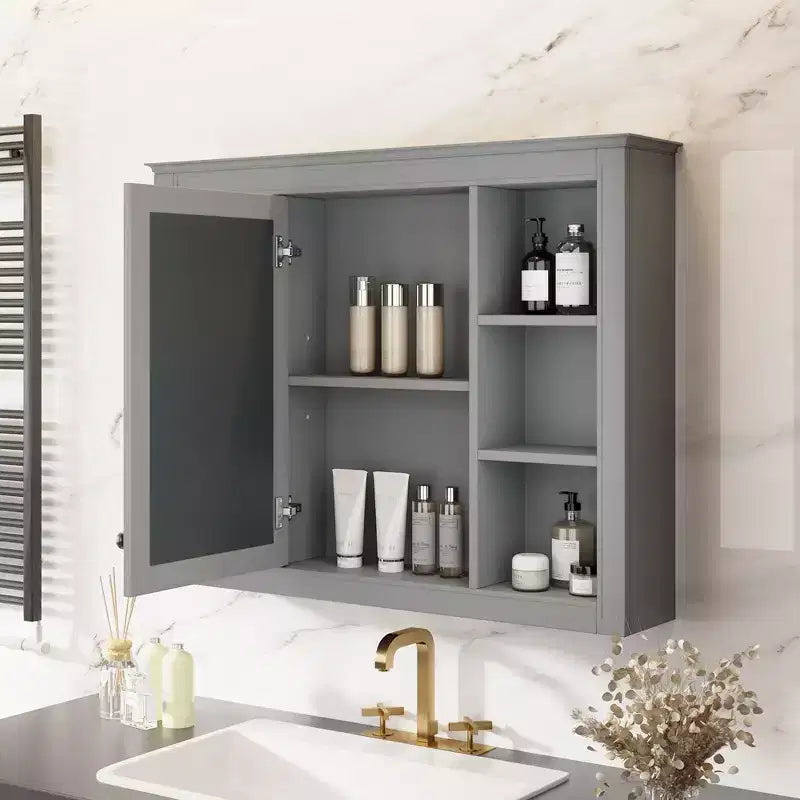 Okak Meuble de salle de bain mural moderne avec miroir et 6 étagères ouvertes, armoire à pharmacie avec miroir pour salle de bain