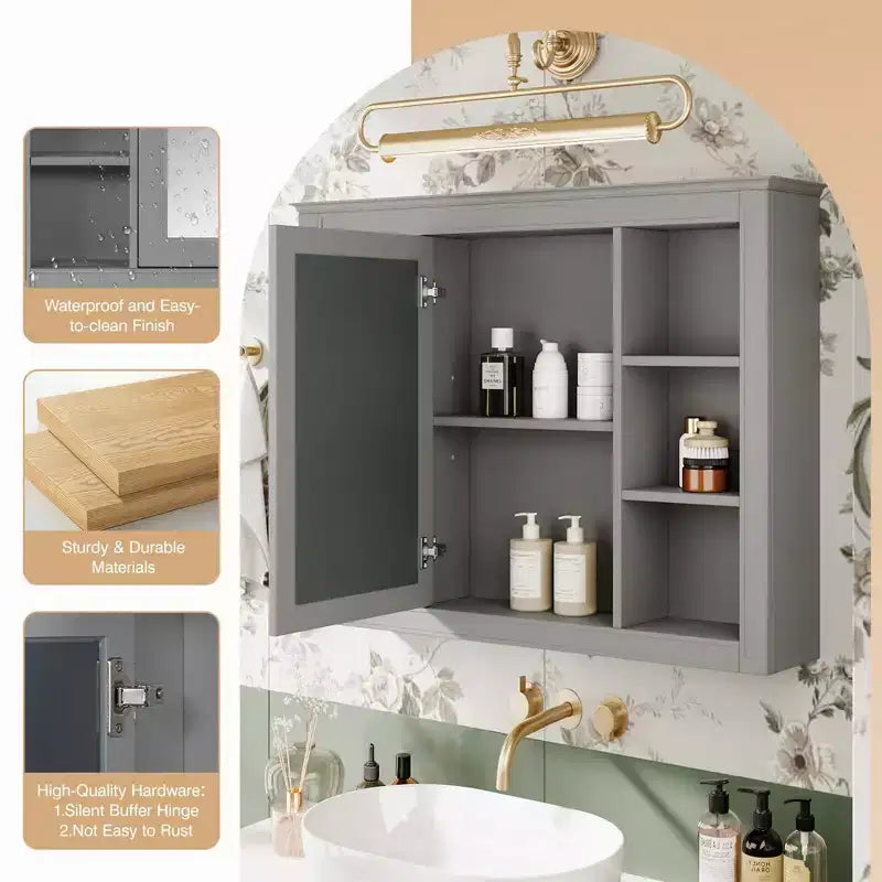 Okak Meuble de salle de bain mural moderne avec miroir et 6 étagères ouvertes, armoire à pharmacie avec miroir pour salle de bain