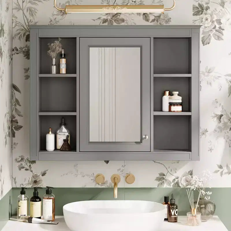 Okak Meuble de salle de bain mural moderne avec miroir et 6 étagères ouvertes, armoire à pharmacie avec miroir pour salle de bain