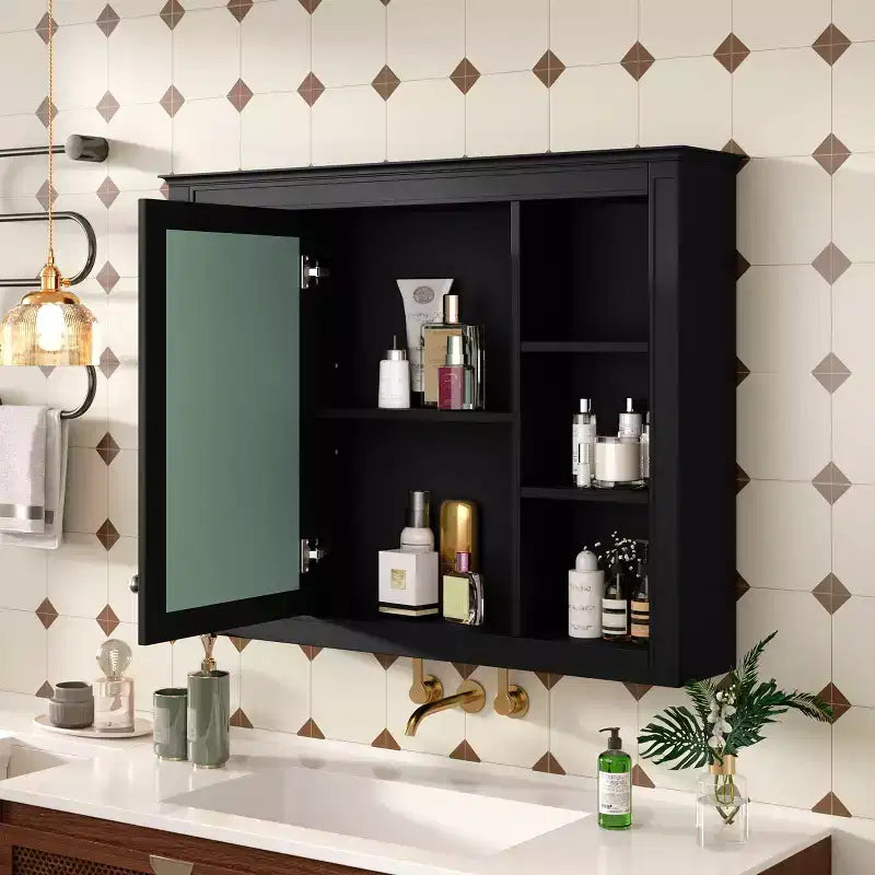Okak Meuble de salle de bain mural moderne avec miroir et 6 étagères ouvertes, armoire à pharmacie avec miroir pour salle de bain