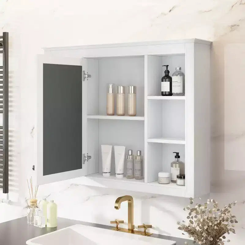 Okak Meuble de salle de bain mural moderne avec miroir et 6 étagères ouvertes, armoire à pharmacie avec miroir pour salle de bain
