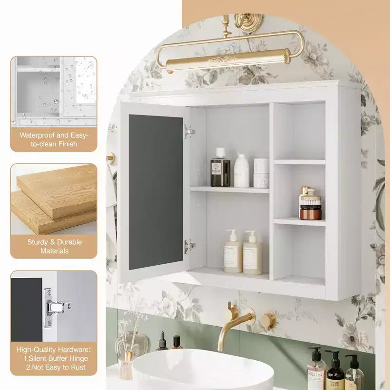 Okak Meuble de salle de bain mural moderne avec miroir et 6 étagères ouvertes, armoire à pharmacie avec miroir pour salle de bain