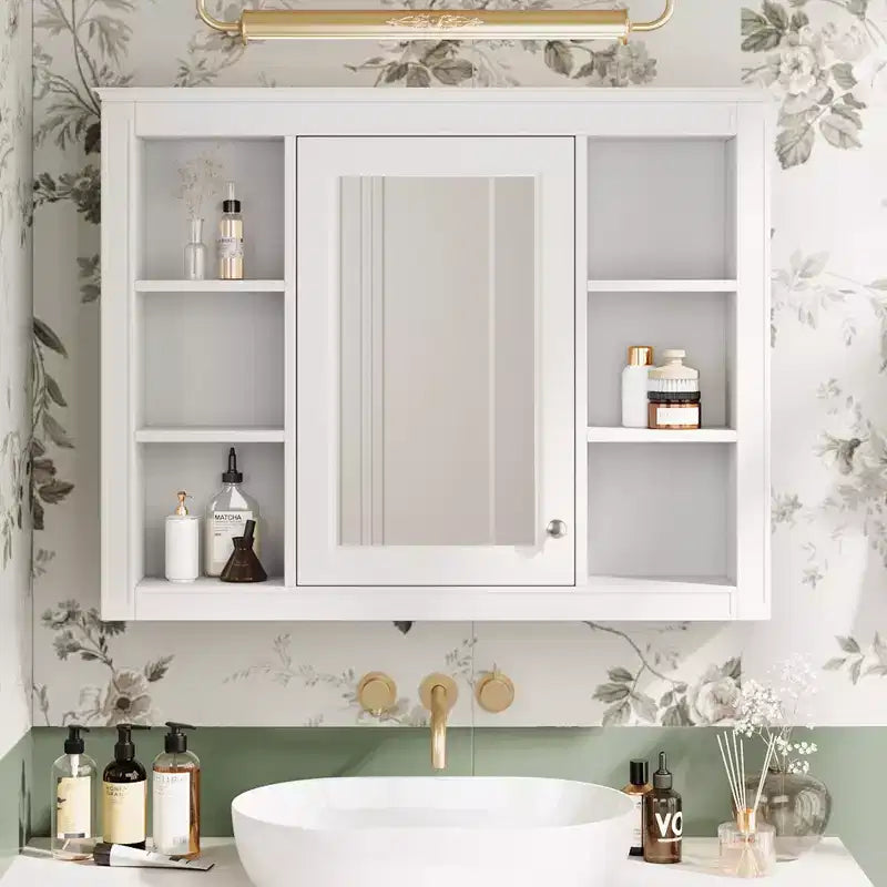 Okak Meuble de salle de bain mural moderne avec miroir et 6 étagères ouvertes, armoire à pharmacie avec miroir pour salle de bain