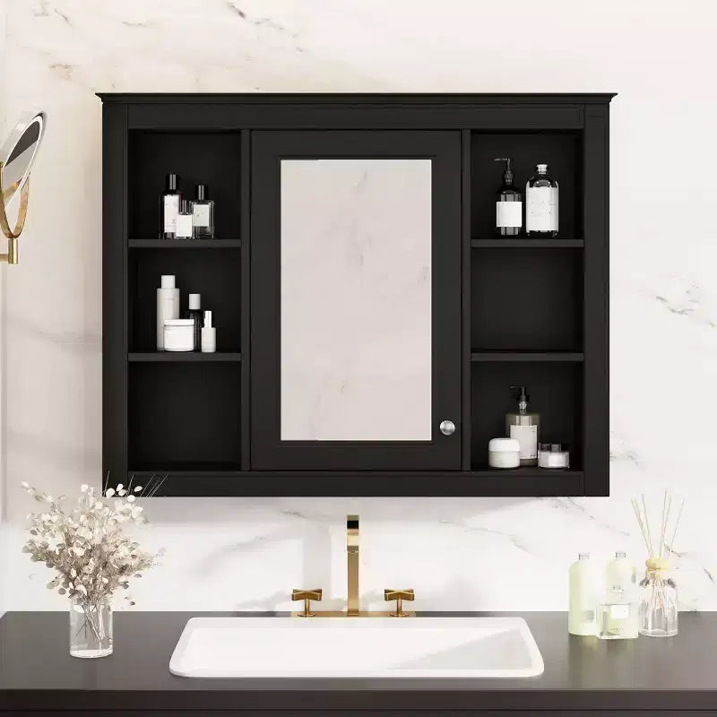 Okak Meuble de salle de bain mural moderne avec miroir et 6 étagères ouvertes, armoire à pharmacie avec miroir pour salle de bain