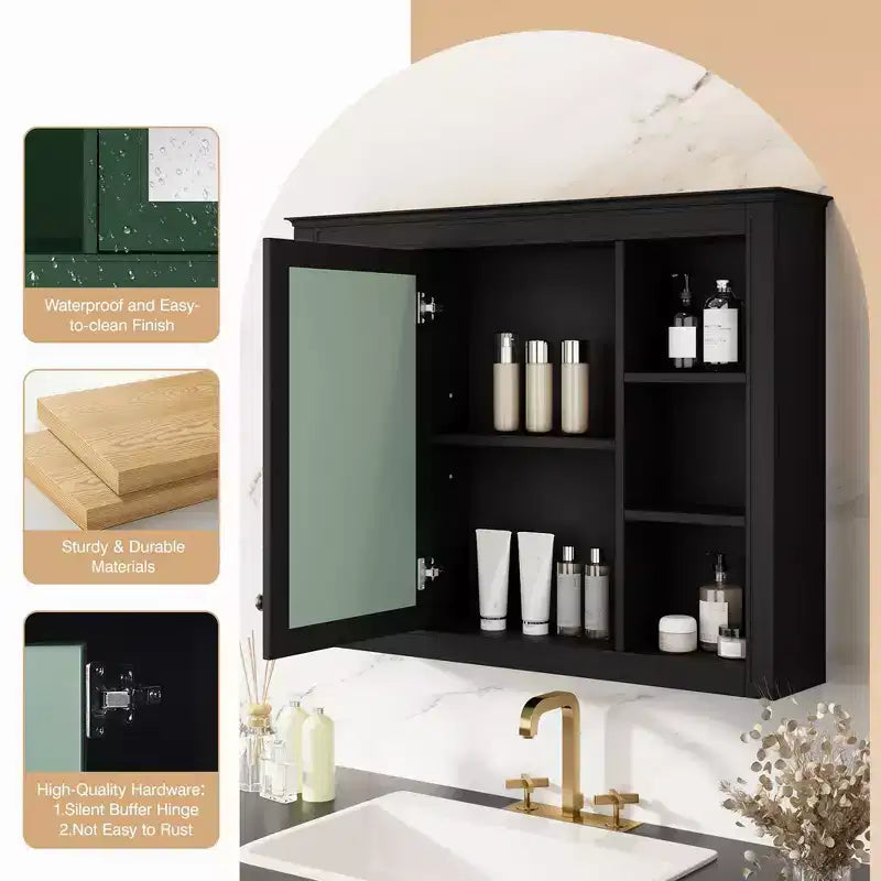 Okak Meuble de salle de bain mural moderne avec miroir et 6 étagères ouvertes, armoire à pharmacie avec miroir pour salle de bain