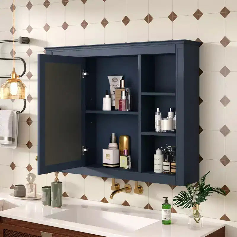 Okak Meuble de salle de bain mural moderne avec miroir et 6 étagères ouvertes, armoire à pharmacie avec miroir pour salle de bain