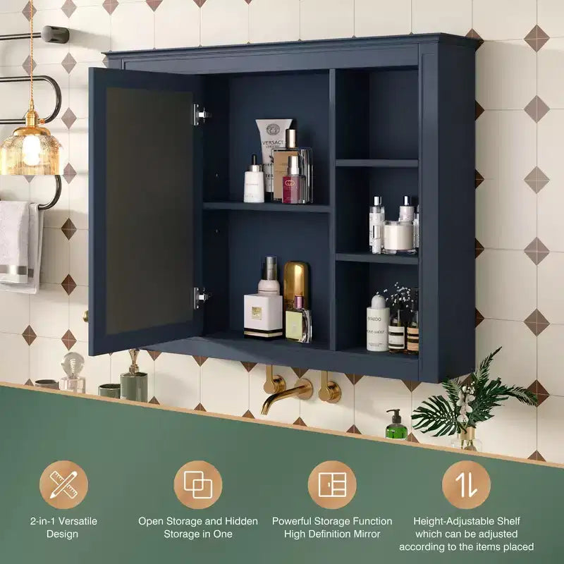 Okak Meuble de salle de bain mural moderne avec miroir et 6 étagères ouvertes, armoire à pharmacie avec miroir pour salle de bain