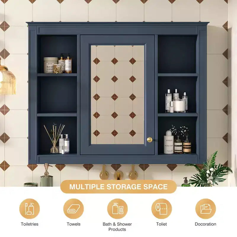 Okak Meuble de salle de bain mural moderne avec miroir et 6 étagères ouvertes, armoire à pharmacie avec miroir pour salle de bain