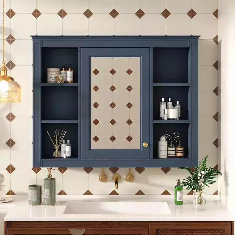 Okak Meuble de salle de bain mural moderne avec miroir et 6 étagères ouvertes, armoire à pharmacie avec miroir pour salle de bain