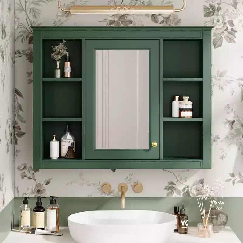 Okak Meuble de salle de bain mural moderne avec miroir et 6 étagères ouvertes, armoire à pharmacie avec miroir pour salle de bain