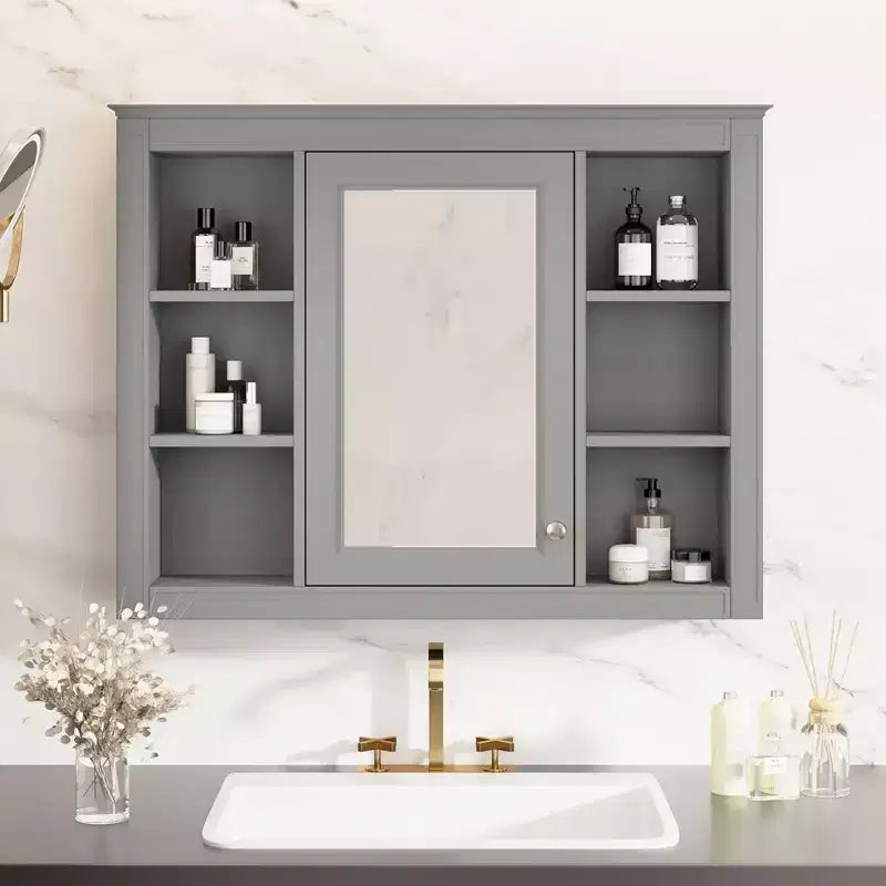 Okak Meuble de salle de bain mural moderne avec miroir et 6 étagères ouvertes, armoire à pharmacie avec miroir pour salle de bain