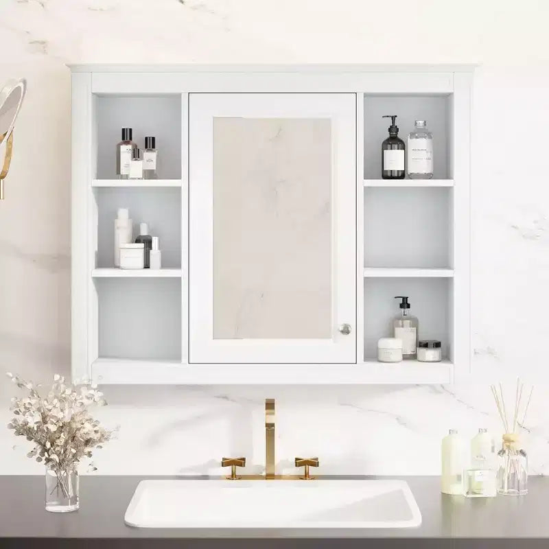 Okak Meuble de salle de bain mural moderne avec miroir et 6 étagères ouvertes, armoire à pharmacie avec miroir pour salle de bain