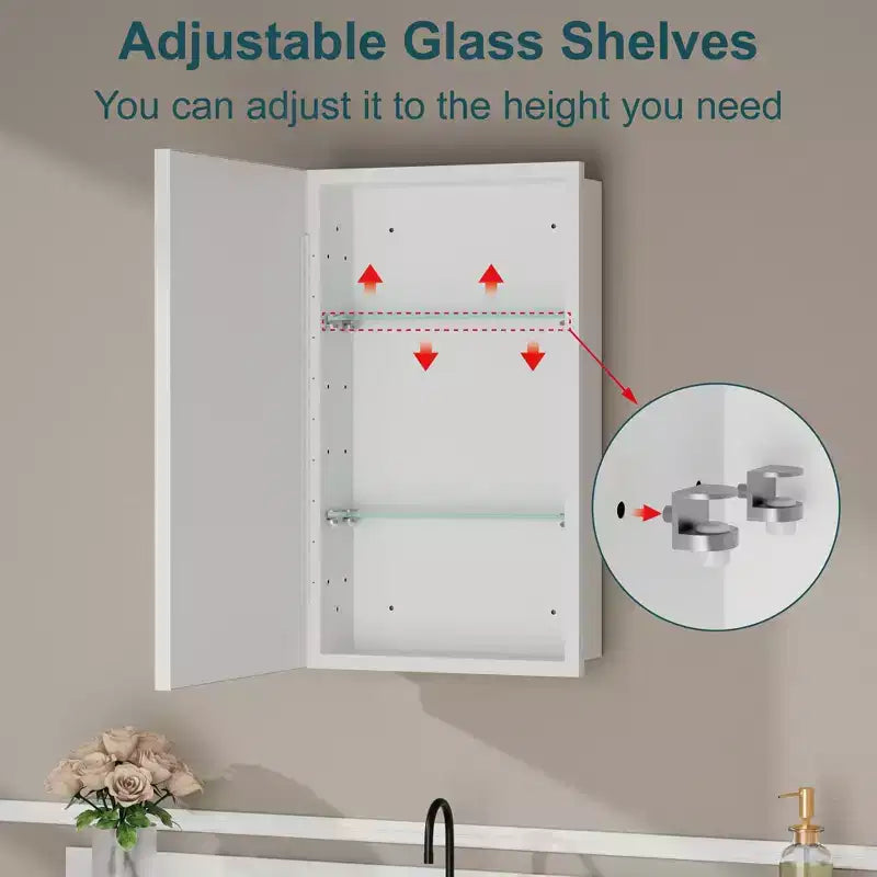 Armoire à pharmacie de salle de bain avec miroir, montage encastré ou en surface Elise, étagères en verre trempé réglables et porte réversible