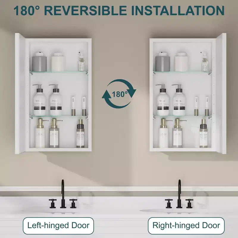 Armoire à pharmacie de salle de bain avec miroir, montage encastré ou en surface Elise, étagères en verre trempé réglables et porte réversible